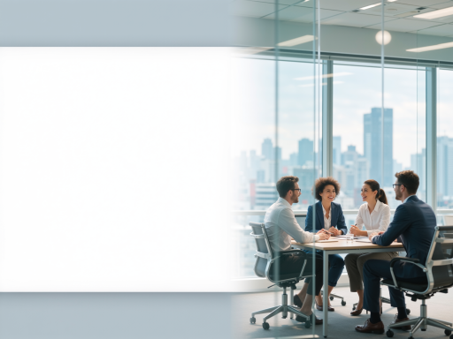 现代化办公环境,宽敞明亮的会议室,专业咨询师团队正在讨论项目方案,蓝色背景