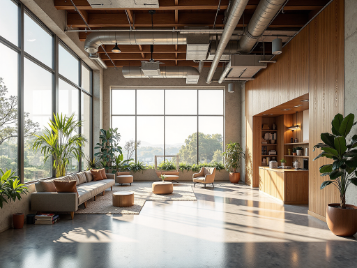 现代化办公空间,开放式工作区域,落地窗采光,绿色植物装饰,明亮自然光
