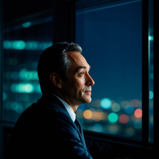 五十岁左右中年男性头像,穿深色西装,专业表情,蓝色背景,明亮自然光