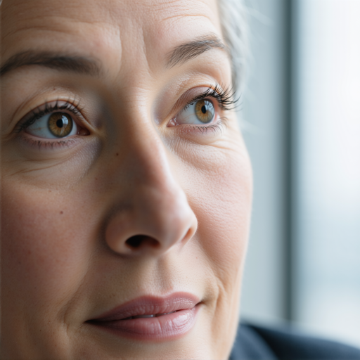 四十二岁左右中年女性头像,穿职业套装,专业表情,蓝色背景,明亮自然光