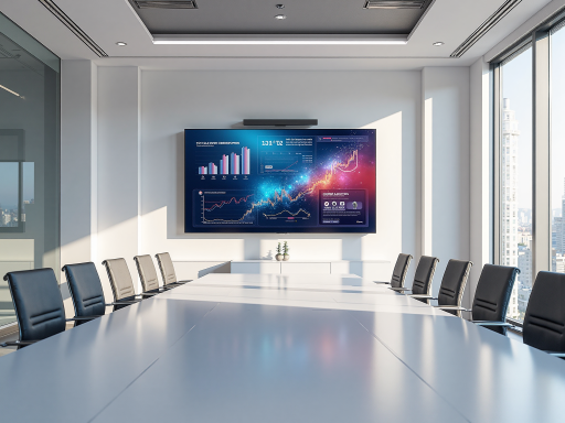 现代商务会议室,大屏幕上显示企业愿景图表,团队成员围坐讨论,明亮自然光,蓝色背景